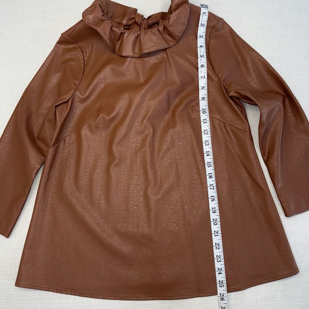 Tuckernuck Brown Coated Polyester Ruffle Neck Bow Back Blouse 3/4 Sleeve S - Picture 6 of 11